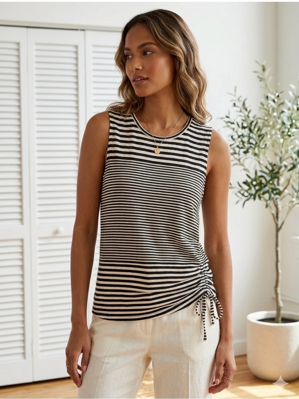 Joie Cotton and Linen Black & Cream Striped Tank, Sz S